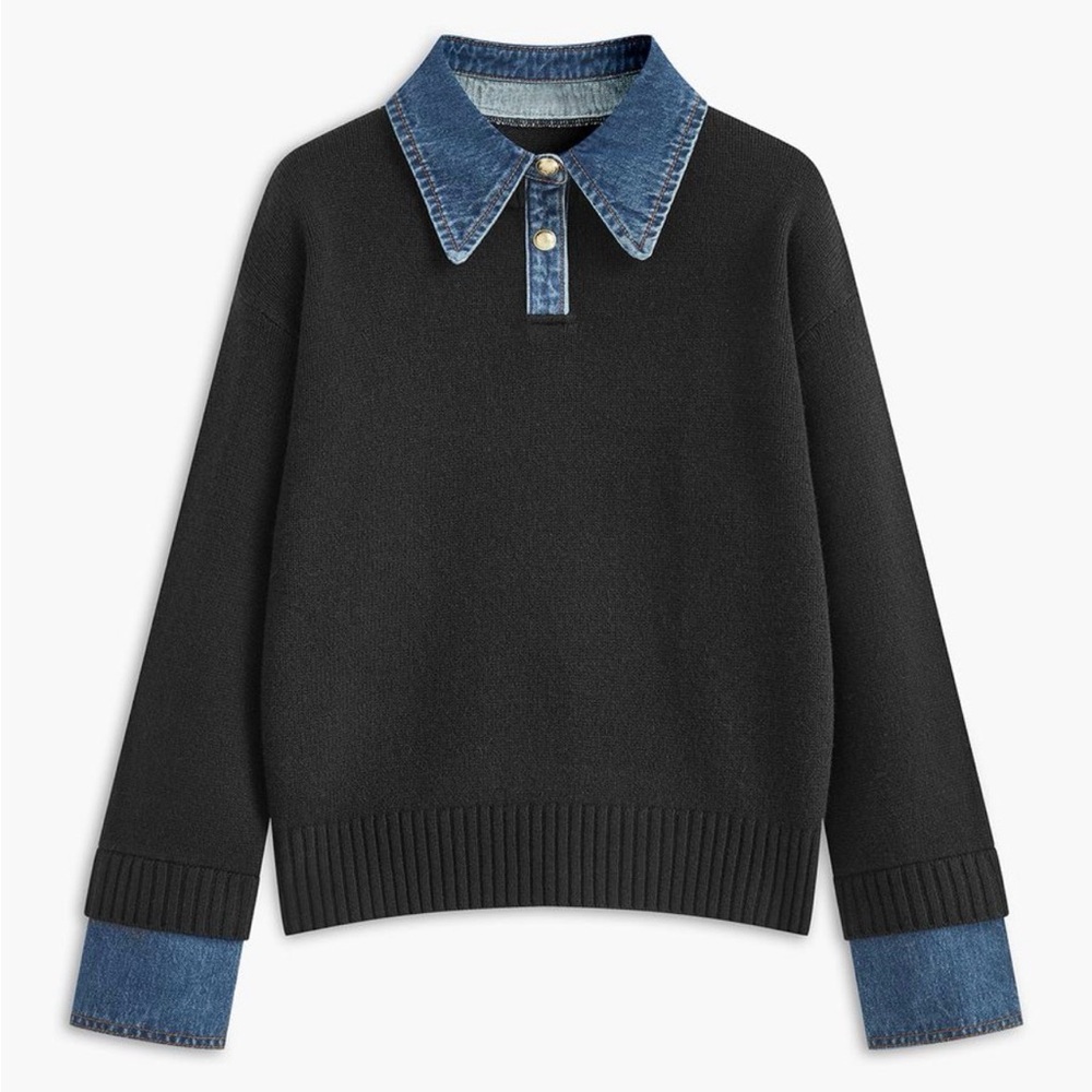 NWT Black Commense Sweater with Denim Collar and Cuffs — Size XL